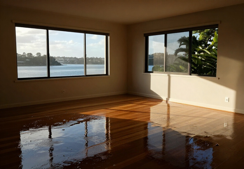 Flooded living room in Wiley Park with water covering the floor